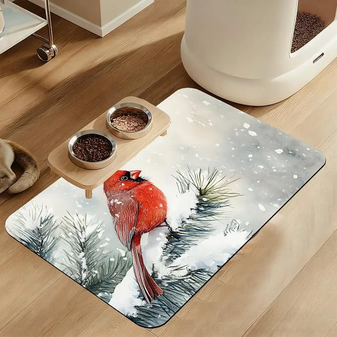 Fashionable Cardinal Bird Dog Food Mat–Chirstmas Snow Absorbent Quick Dry Feeding Placemat Selected