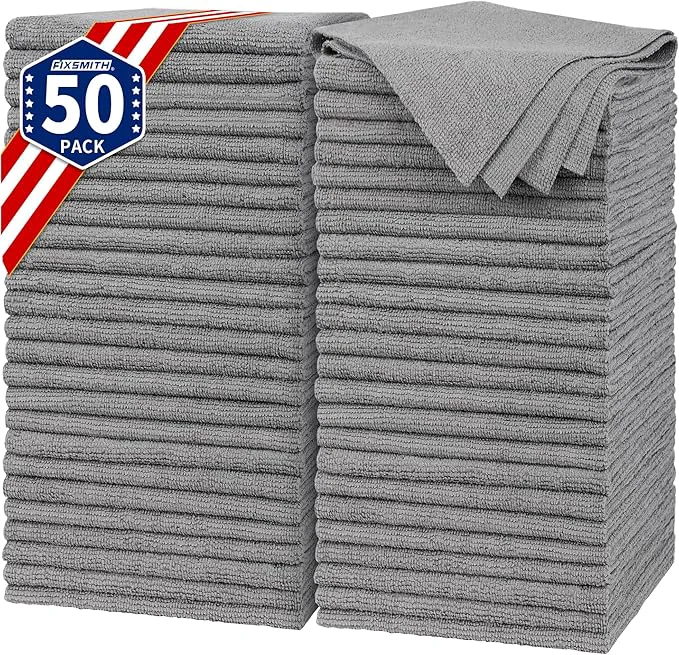 Reusable FIXSMITH Shop Towels Pack of 50 Grey Microfiber Cleaning Cloth Bulk Microfiber Towels for Cars All-Purpose Absorbent Cleaning Rags Dust Cloth for Automotive Mechanic Garage 11.5 x 11.5 inchAbout ThisOverview Artisan