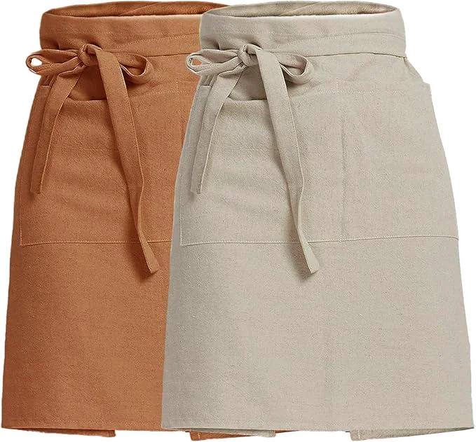 Premium Material Cityelf Linen Server Apron Cotton Bistro Half Apron with Large Pockets Waist Kitchen Apron for Cooking Waitress Environmentally Friendly
