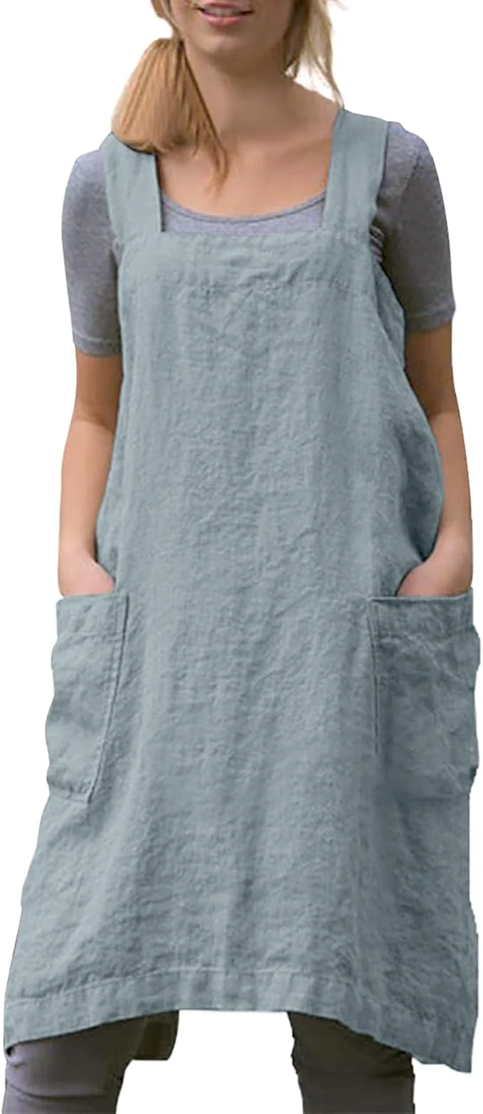 Fine Women Apron with 2 Pockets Cotton Linen Kitchen Baking Cooking Chef Cross Back Pinafore Dress Quality