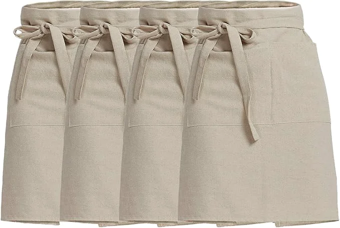 Authentic Cityelf Linen Server Apron Cotton Bistro Half Apron with Large Pockets Waist Kitchen Apron for Cooking Waitress Natural