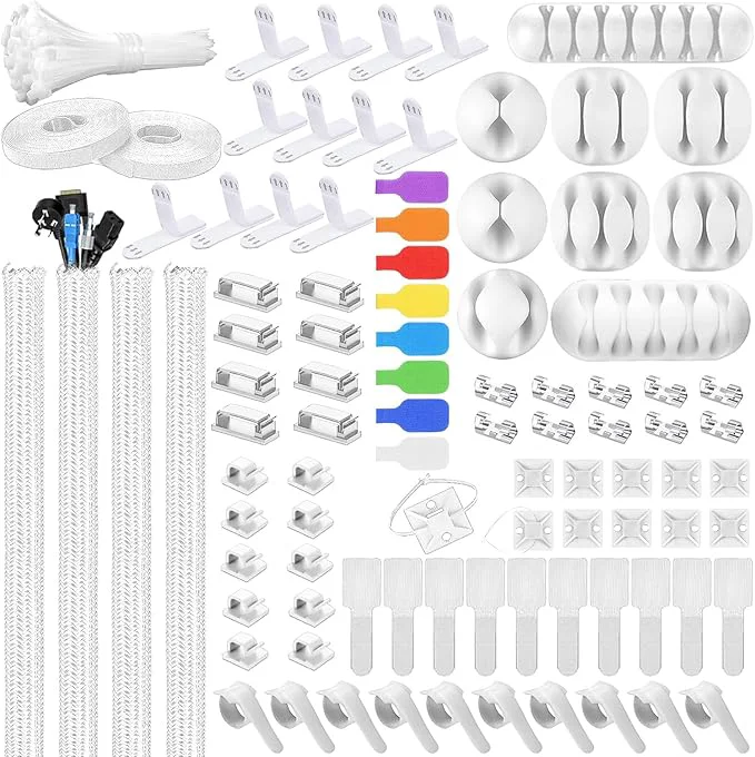 Official 193 PCS Cable Management Kit – 4 Cable Sleeve 57 Self Adhesive Cable Clips 12 Hanging Strips 12 Cable Organizer Straps and 100 Fastening Cable Ties for TV Computer Under Desk White About ThisOverview Fashionable