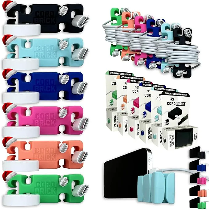 Stylish CordBrick Stocking Stuffers for Adults Cord Management Weighted Cord Holder Cable Wrap Phone Stand – Multiuse Gadget Organizer for Nightstand Desk. Gift for Men Durable Silicone. 6pk Asst NeutralsAbout ThisOverview Responsible