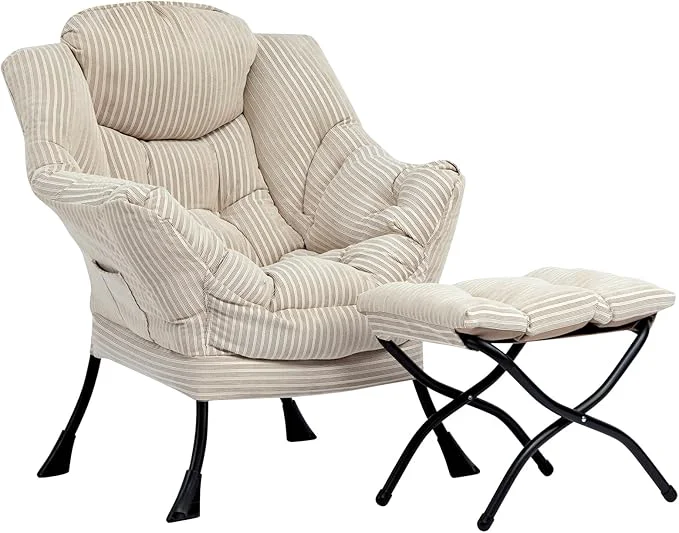 Fine Crafted HollyHOME Lazy Chair with Foldable Ottoman Accent Comfy Lounge Armchair and Folding Footrest Stool Leisure Sofa Reading Chair and Footstool for Living Room Bedroom Dorm Beige StripeAbout ThisOverview Environmentally Friendly