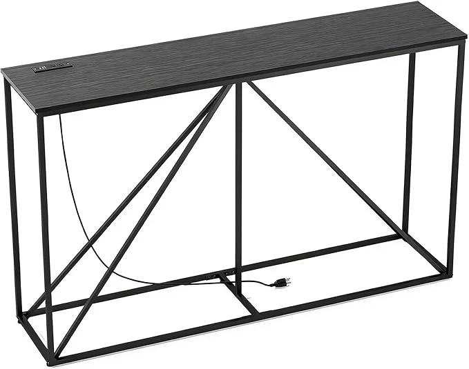 Refined Console Table 51 W × 12 D × 31.5 H Sofa Table Behind Couch Entryway Table with Electrical Outlet USB Ports Industrial Pyramid Metal Base Console Table for Entryway Black WoodAbout ThisOverview Enhanced