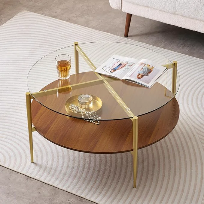 Exceptional Extra Large Round Coffee Table Mid-Century Modern Design D34 x H17 in for Living Room 2-Tier Structure Clear Glass Top and Walnut MDF Shelf Sleek Conical Metal Legs with Gold FinishAbout ThisOverview Responsible