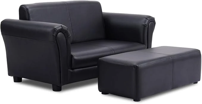 Secure Costzon Kids Couch with Footstool 2 in 1 Double Seat Children’s Sofa w PU Leather Surface Armrest Chair Lounge Soft Kids Sofa for Preschool Bedroom Kids Room Toddlers Boys Girls Birthday Black About ThisOverview