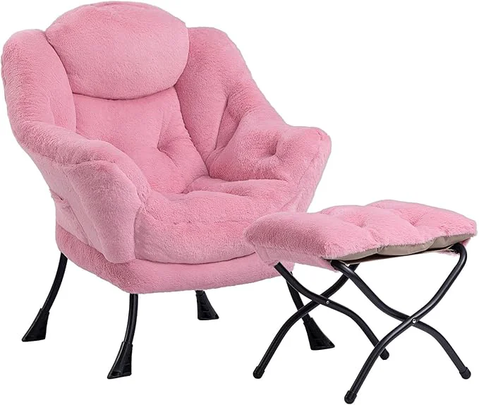 High-Performance HollyHOME Lazy Chair with Foldable Ottoman Accent Comfy Lounge Armchair and Folding Footrest Stool Leisure Sofa Reading Chair and Footstool for Living Room Bedroom Dorm Faux Fur PinkAbout ThisOverview Functional