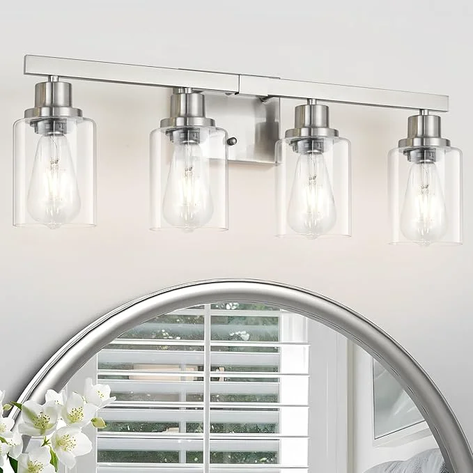 Crafted Bathroom Vanity Light 4-Light Nickel Modern Matte Wall Sconce Lighting with Clear Glass Shade Wall Lights Bath Vintage Wall Mounted Lamps for Mirror Bedroom Living RoomAbout ThisOverview Soft