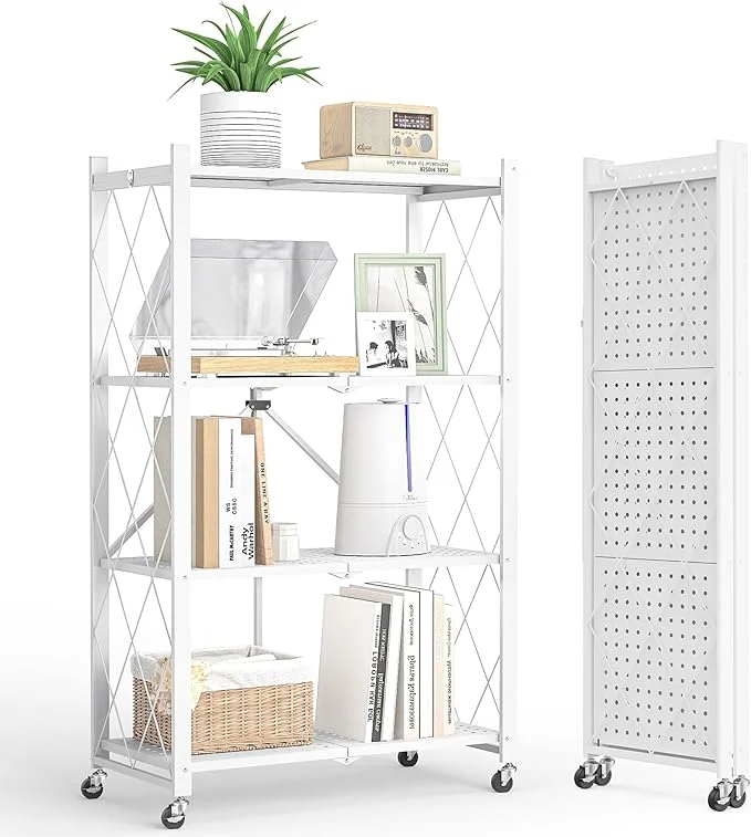 Excellent 4-Tier Folding Metal Storage Shelf with Wheels No Assembly Organizer Rack Heavy Duty Collapsible Shelving Unit for Garage Kitchen Basement Pantry Living Room New Upgrade – White 4 Tier About ThisOverview Premium Material