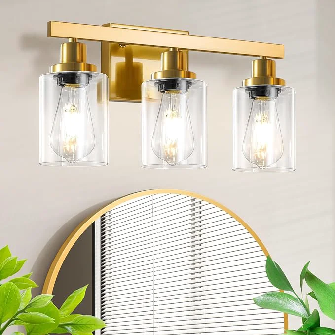 Luxury 3 Light Gold Bathroom Light Fixtures Bathroom Vanity Light Over Mirror Gold Wall Sconce Vanity Lighting with Clear Glass Shade Modern Farmhouse Bath Wall Lamp for Mirror KitchenAbout ThisOverview Minimalist