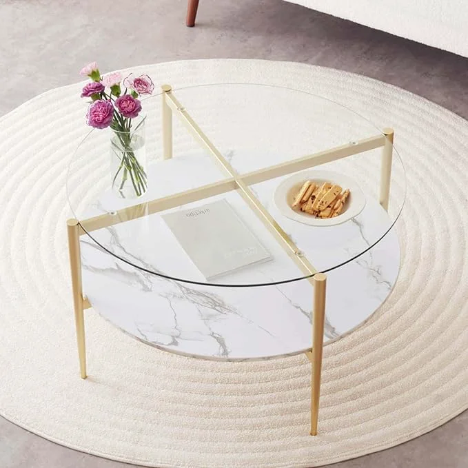 Durable Round Coffee Table for Living Room Mid-Century Modern Design D30 x H17 2-Tier Structure Clear Glass Top and White Marble Finish Wood Shelf Sleek Conical Metal Legs with Gold Finish FrameAbout ThisOverview Official