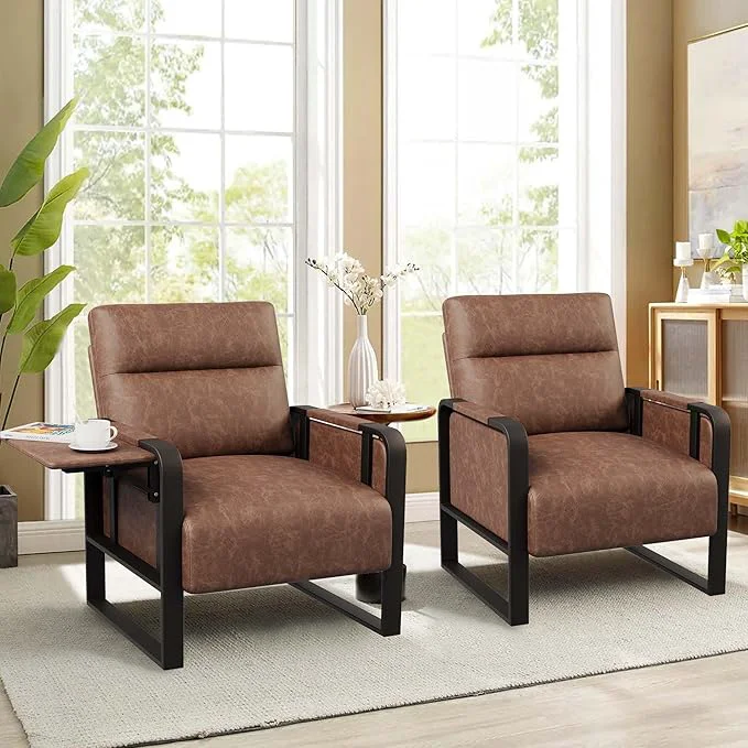 Versatile Modern PU Leather Accent Chairs Set of 2 Upholstered Armchairs with Tray Table Leisure Side Chairs for Living Room Bedroom Office Dark BrownAbout ThisOverview Verified