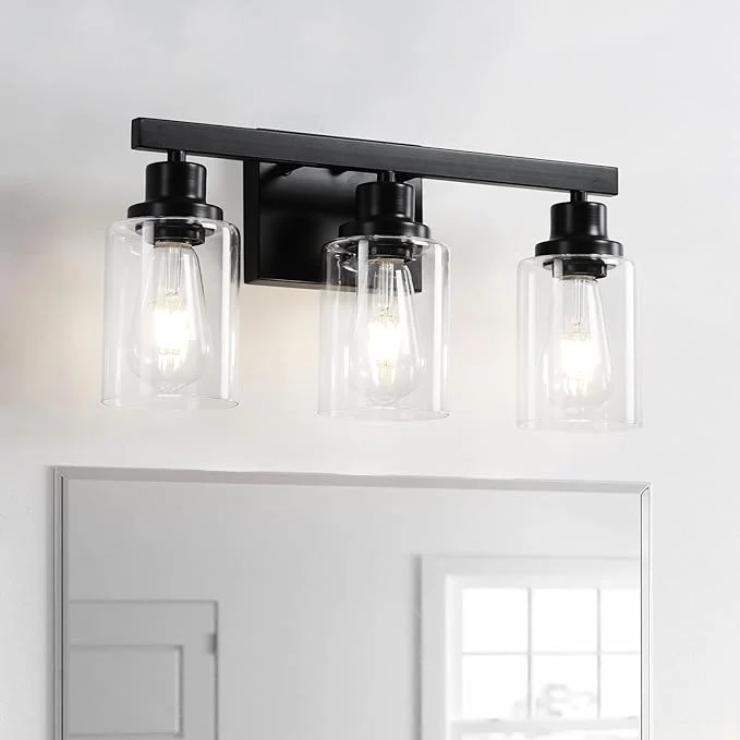 Detailed 3-Light Bathroom Light Fixtures Black Bathroom Vanity Light with Clear Glass Shade Modern Bathroom Wall Lights Over Mirror Farmhouse Wall Sconces Lighting for Bedroom LivingRoomAbout ThisOverview Premium Material