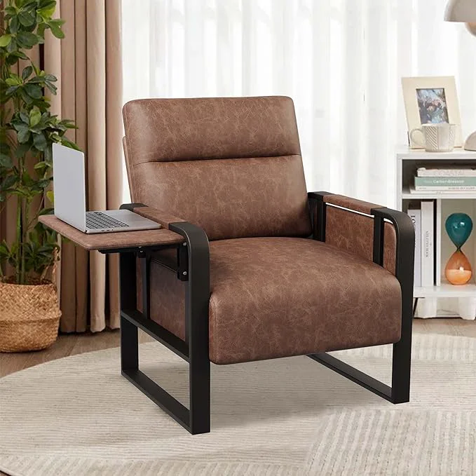 Breathable Modern Accent Chair with Tray Table PU Leather Upholstered Armchair for Bedroom Leisure Living Room Chairs Office Chair Dark BrownAbout ThisOverview Reusable