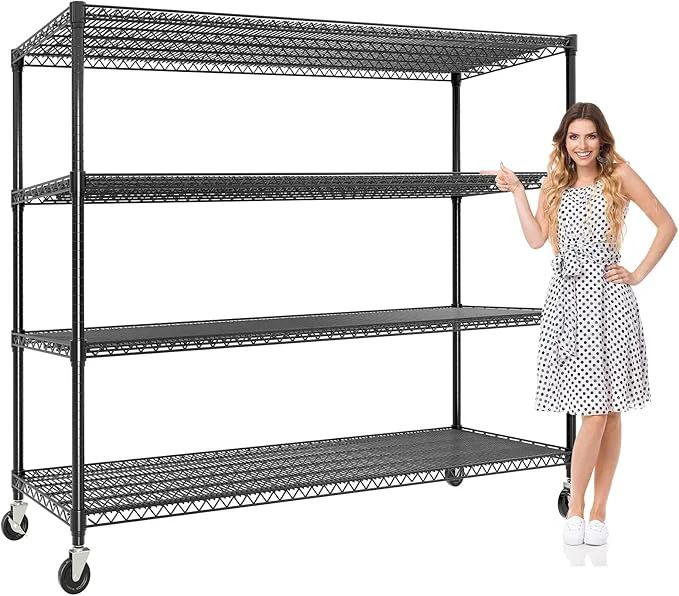 Reusable 59 W Storage Shelves 2640LBS Heavy Duty Garage Shelving Units with Wheels and Adjustable Shelf 4-Tiers Wire Shelving Rack for Garage Pantry Kitchen Warehouse IndustrialAbout ThisOverview Prestigious