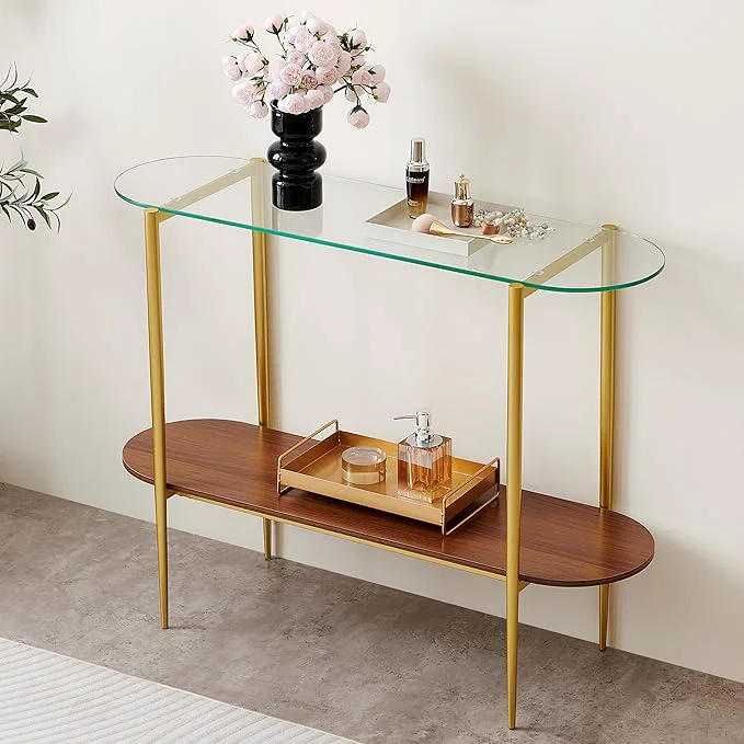 Elite Oval Glass Console Table for Living Room Foyer Entrance 2-Tiers Mid-Century Modern Sofa Table with Clear Glass Top Walnut Finish Wood Shelf and Gold Finish FrameAbout ThisOverview High-End