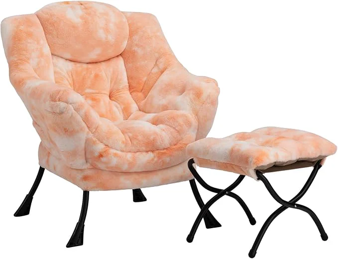 Sophisticated HollyHOME Lazy Chair with Foldable Ottoman Accent Comfy Lounge Armchair and Folding Footrest Stool Leisure Sofa Reading Chair and Footstool for Living Room Bedroom Dorm Faux Fur PeachAbout ThisOverview Crafted