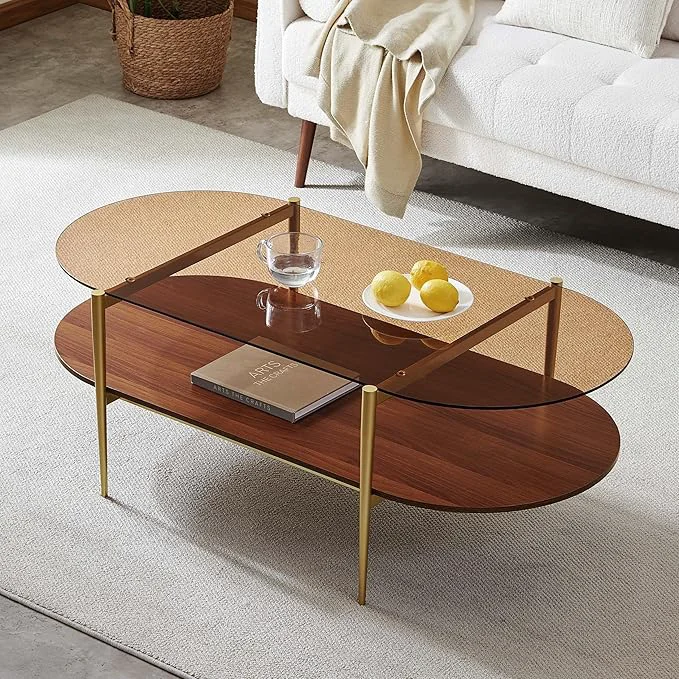 Trendy X-Large Oval Glass Coffee Table Mid-Century Modern Design L47 x W24 x H17 inch for Living Room Amber Glass Top and Walnut Finish Wood Shelf Conical Legs with Gold Finish FrameAbout ThisOverview Responsible