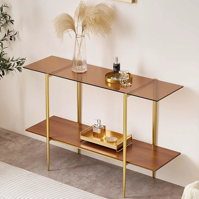 Healthy Extra Large Glass Console Table for Living Room Foyer Entrance L47 x W16 x H31 Mid-Century Modern Sofa Table with Amber Glass Top Walnut Finish Wood Top and Gold Finish Metal FrameAbout ThisOverview Artisan