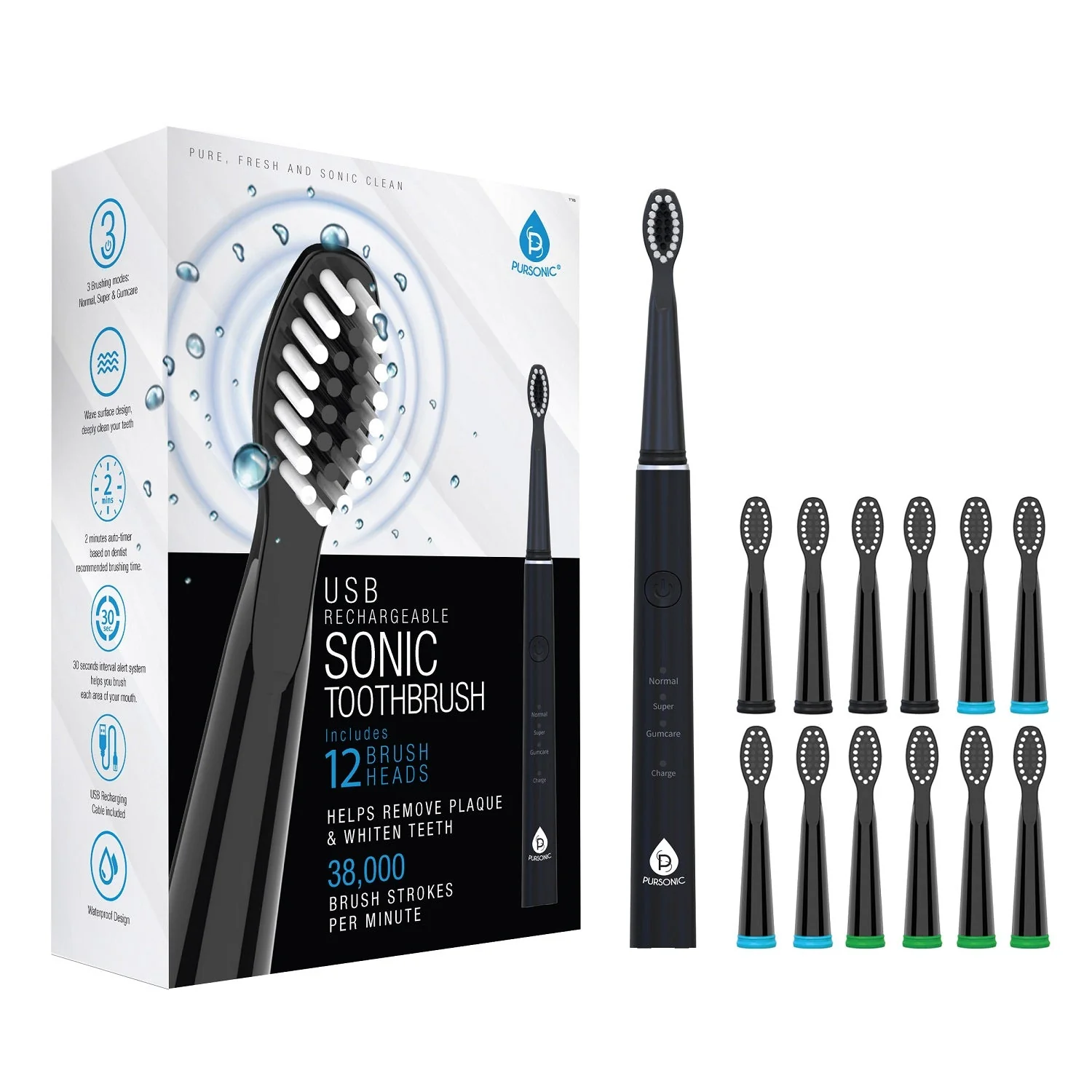 Dependable Brosse à dents électrique rechargeable USB avec 12 têtes de brosse Fast