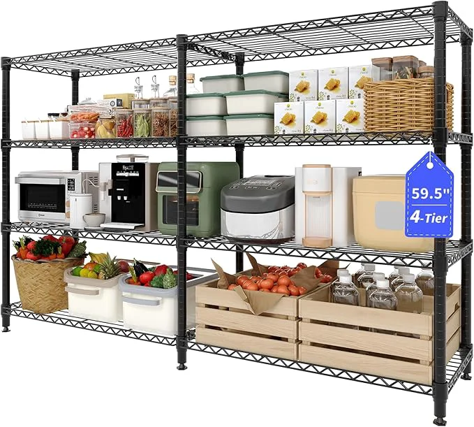 Soft 4 Tier Storage Shelving Unit Metal Shelves 70.8 W Wire Shelving 59 H L-Shaped Pantry Shelves Kitchen Storage Shelves for Home Commercial Garage Heavy Duty 70.8 W x 59.4 H x 15.7 DAbout ThisOverview High-Performance