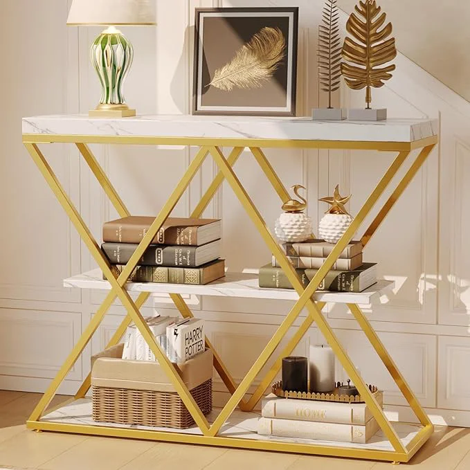 Fashionable Garvee 3-Tier Entryway Table Industrial Console Sofa Table with Storage Accent Table with Open Shelves X-Shaped Metal Frame Foyer Table for Entryway Hallway WhiteAbout ThisOverview Professional