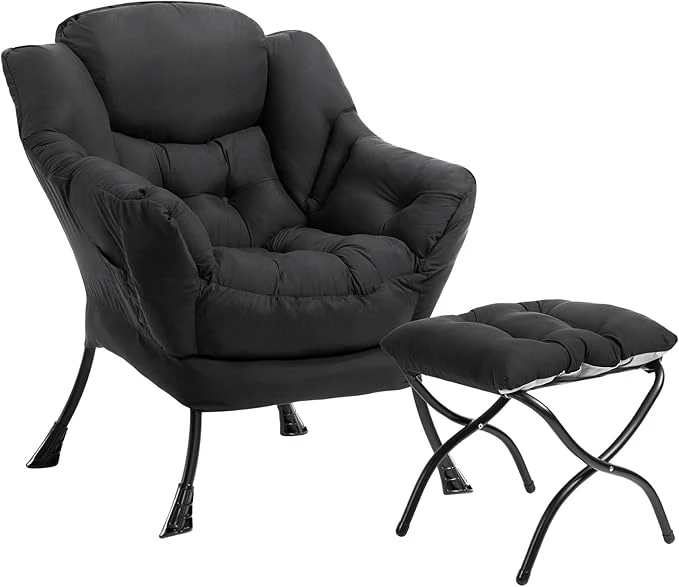 Quality HollyHOME Lazy Chair with Foldable Ottoman Accent Comfy Lounge Armchair and Folding Footrest Stool Leisure Sofa Reading Chair and Footstool for Living Room Bedroom Dorm Peachskin Fabric BlackAbout ThisOverview Elegant