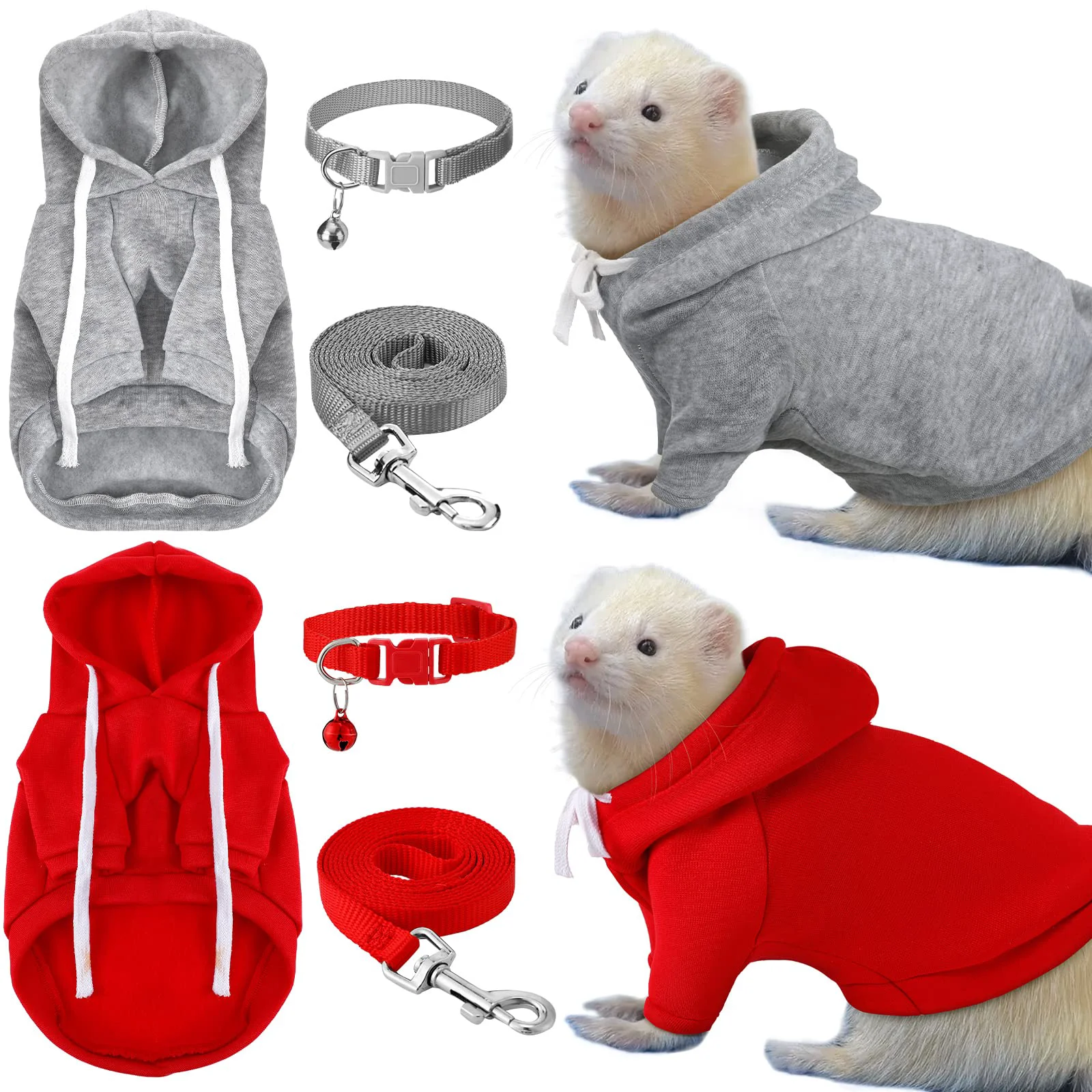 Powerful Foaincore 6 Pcs Ferret Accessories Bundle Leash Harness Set Bell Collars Small Pet Sweater Grey Red Quality