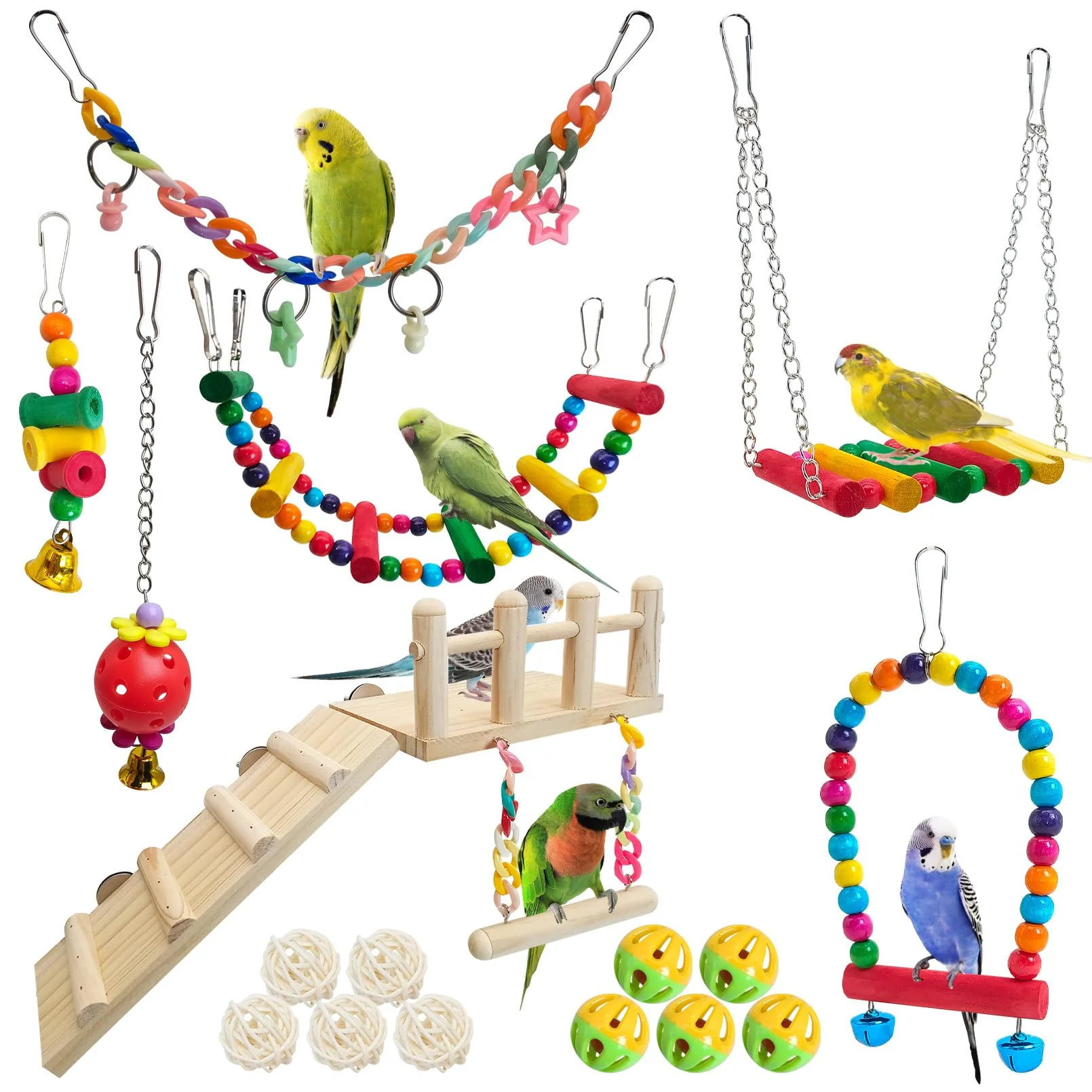 Long-Lasting Hamiledyi 17Pcs Parrot Swing Toys Perch Platform – Colorful Cage Accessories for Small Birds Stylish