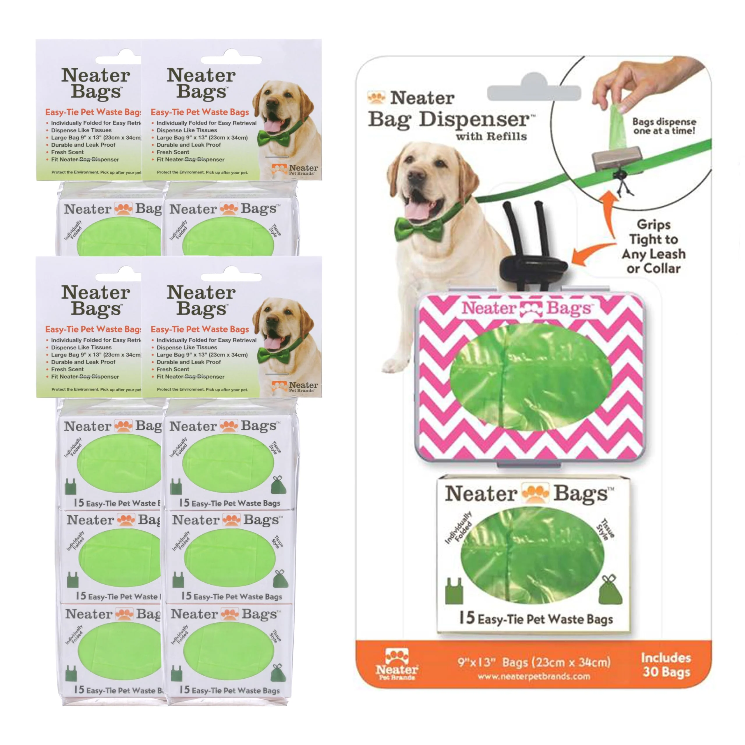 Trendy Neater Pet Brands Neater Bags Dog Waste Bag – One-at-a-Time Leash-Dispensing Bags 210 Count Pink Chevron Eco-Friendly