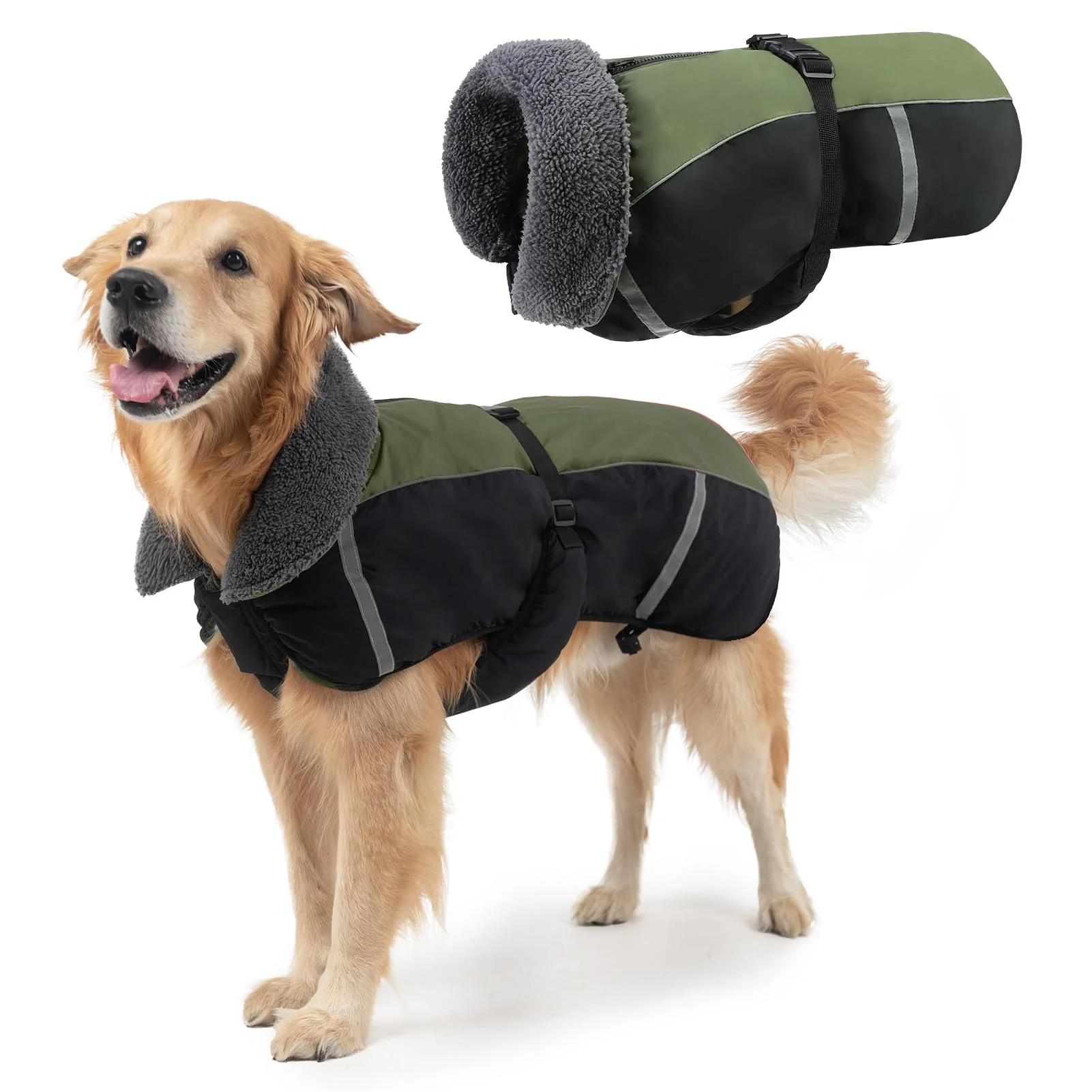 Durable SCENE Warm Dog Winter Coat Jacket – Army Green XL Fleece-Lined Reflective Authentic