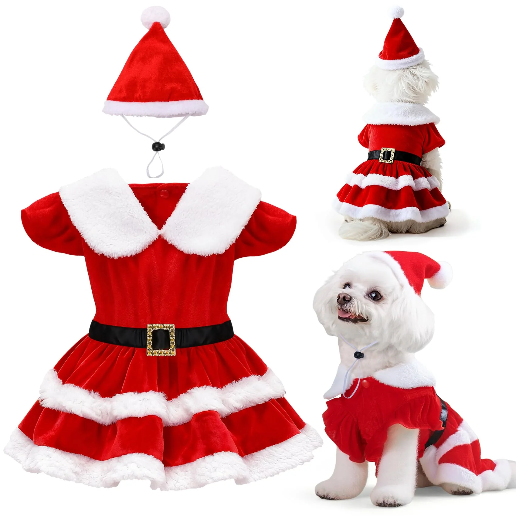 Recyclable LLUAII Dog Christmas Dress – Red Velvet Santa Outfit with Hat for Small Pets 5-22 lbs Genuine