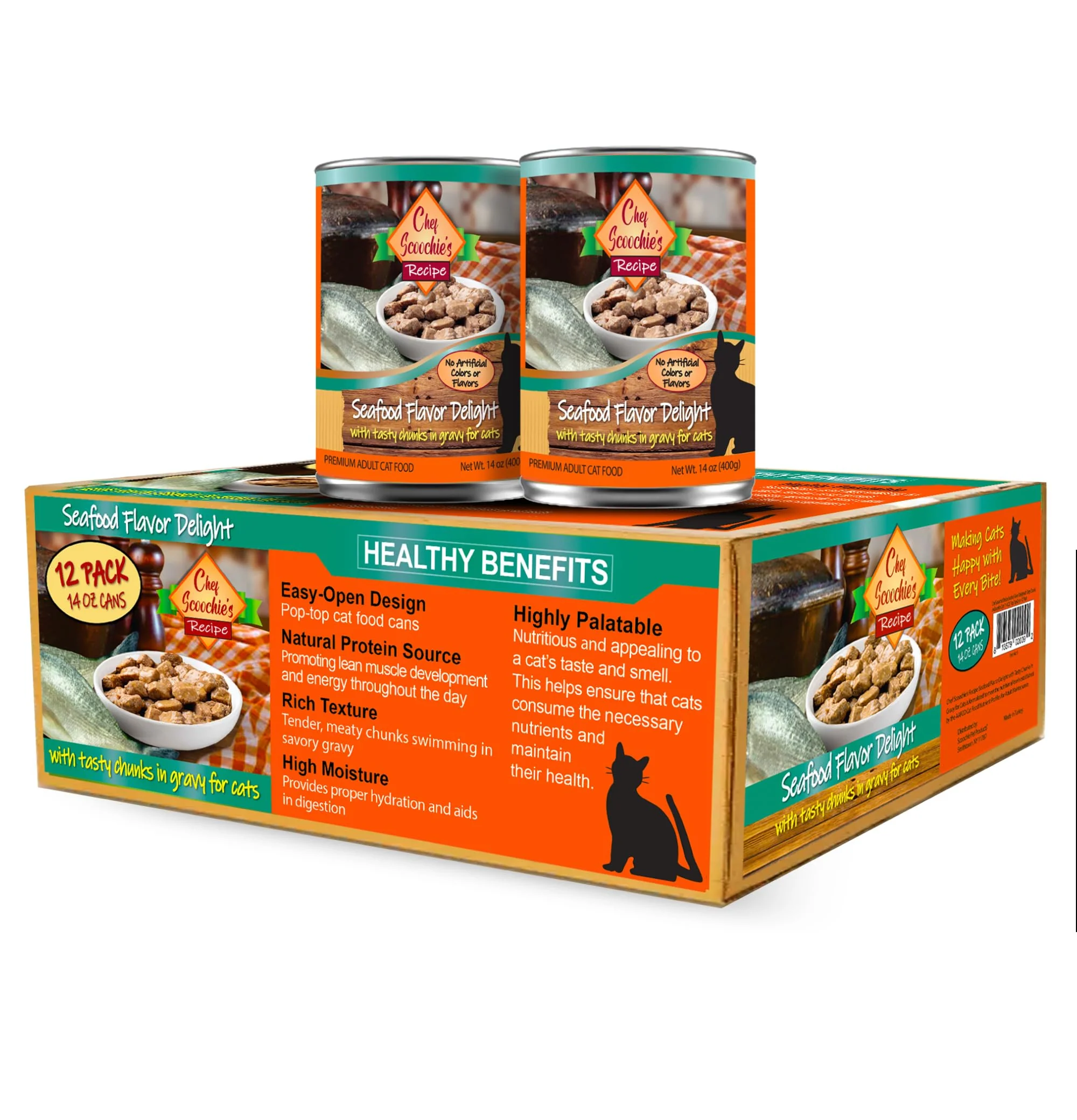 User-Friendly Scoochie Pet Products Chef Scoochie’s Tender Seafood Chunks in Gravy Wet Cat Food — Easy Open Pop-Top Cans 12 x 14 oz Dependable