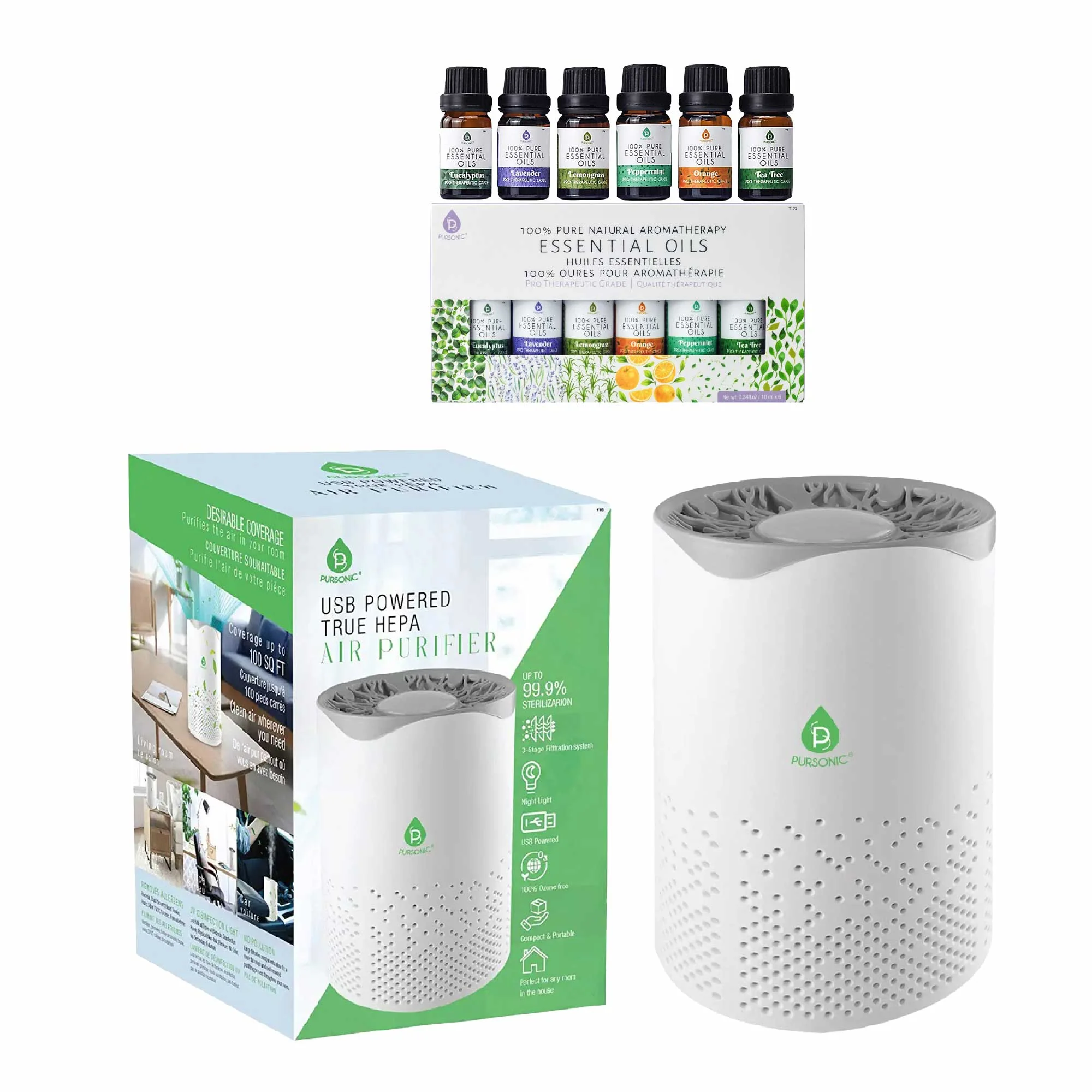 Authentic Purificateur d’air Pursonic avec collection de 6 huiles essentielles de qualité supérieure Safe