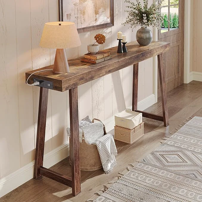 World-Class Huuger Entryway Console Table with Charging Station USB-C Port 53.9 Inch Sofa Table with Metal Legs Entry Hallway Table with Thicker Desktop Modern Behind Couch Table Rustic BrownAbout ThisOverview Detailed