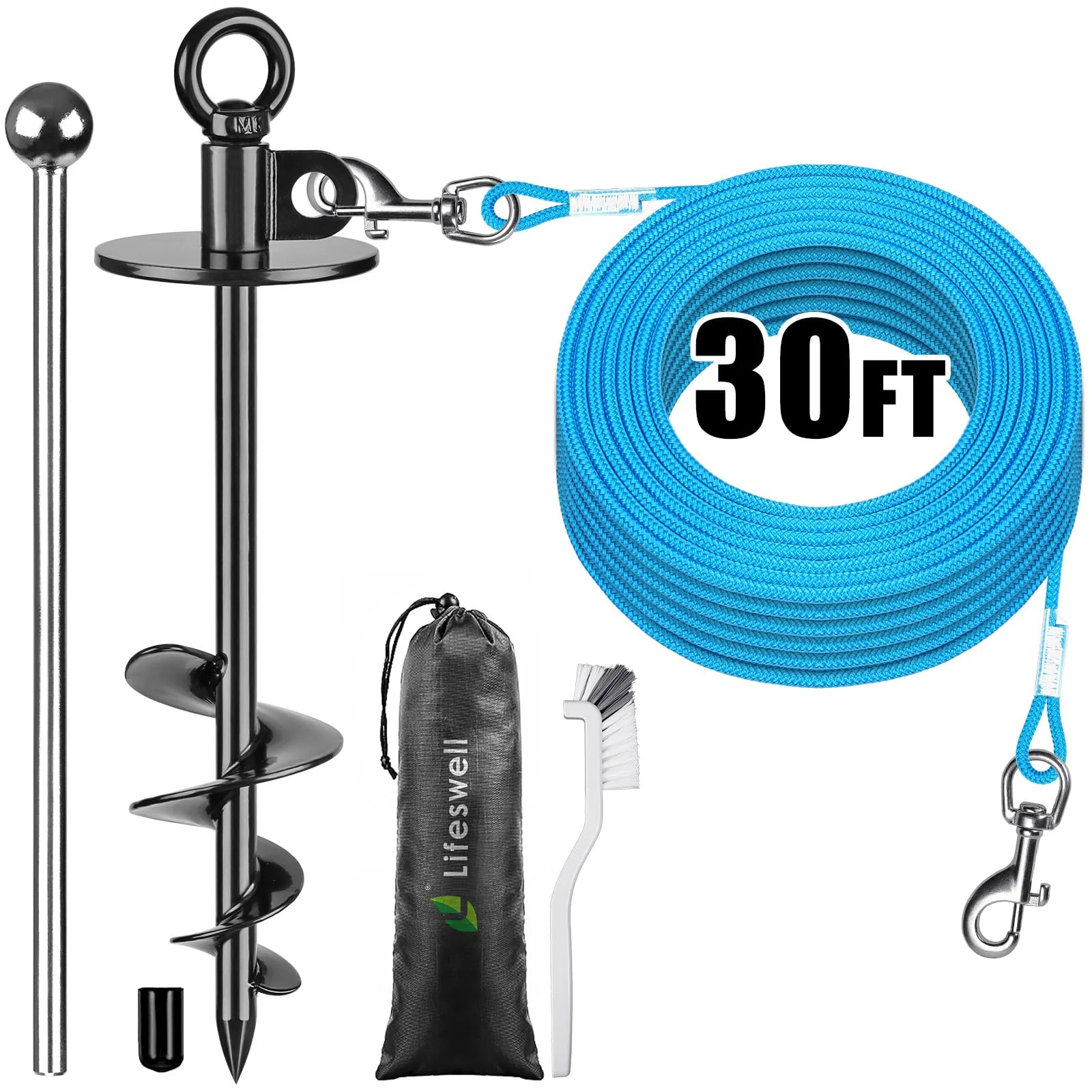 Functional Lifeswell Dog Tie Out Cable Stake — 30ft Lead 125lb Heavy Duty No-Tangle Yard Camping Natural