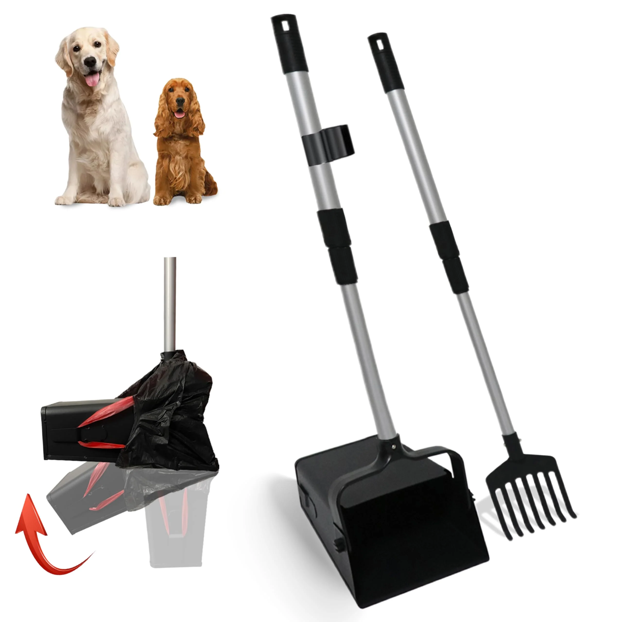 Practical MIVERYEA Pooper Scooper Metal 38 Long Adjustable Handle – Swivel Bin Rake for Large Small Dogs Professional