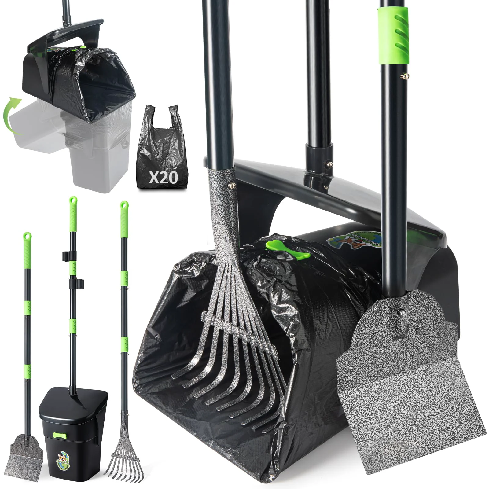 Smooth CHUICHUIHU Dog Pooper Scooper — Long-Handle Swivel Bin Kit 20 Bags Reusable