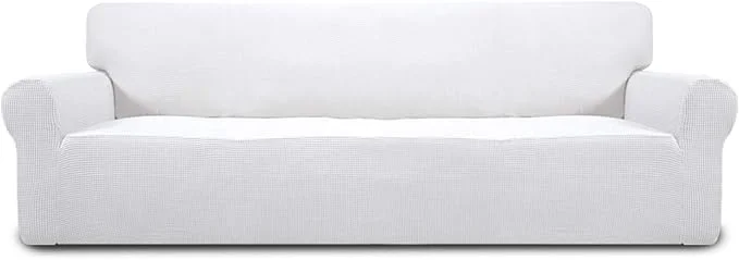 Elegant Easy-Going Stretch 4 Seater Sofa Slipcover 1-Piece Sofa Cover Furniture Protector Couch Soft with Elastic Bottom for Kids Polyester Spandex Jacquard Fabric Small Checks Snow WhiteAbout ThisOverview First-Class