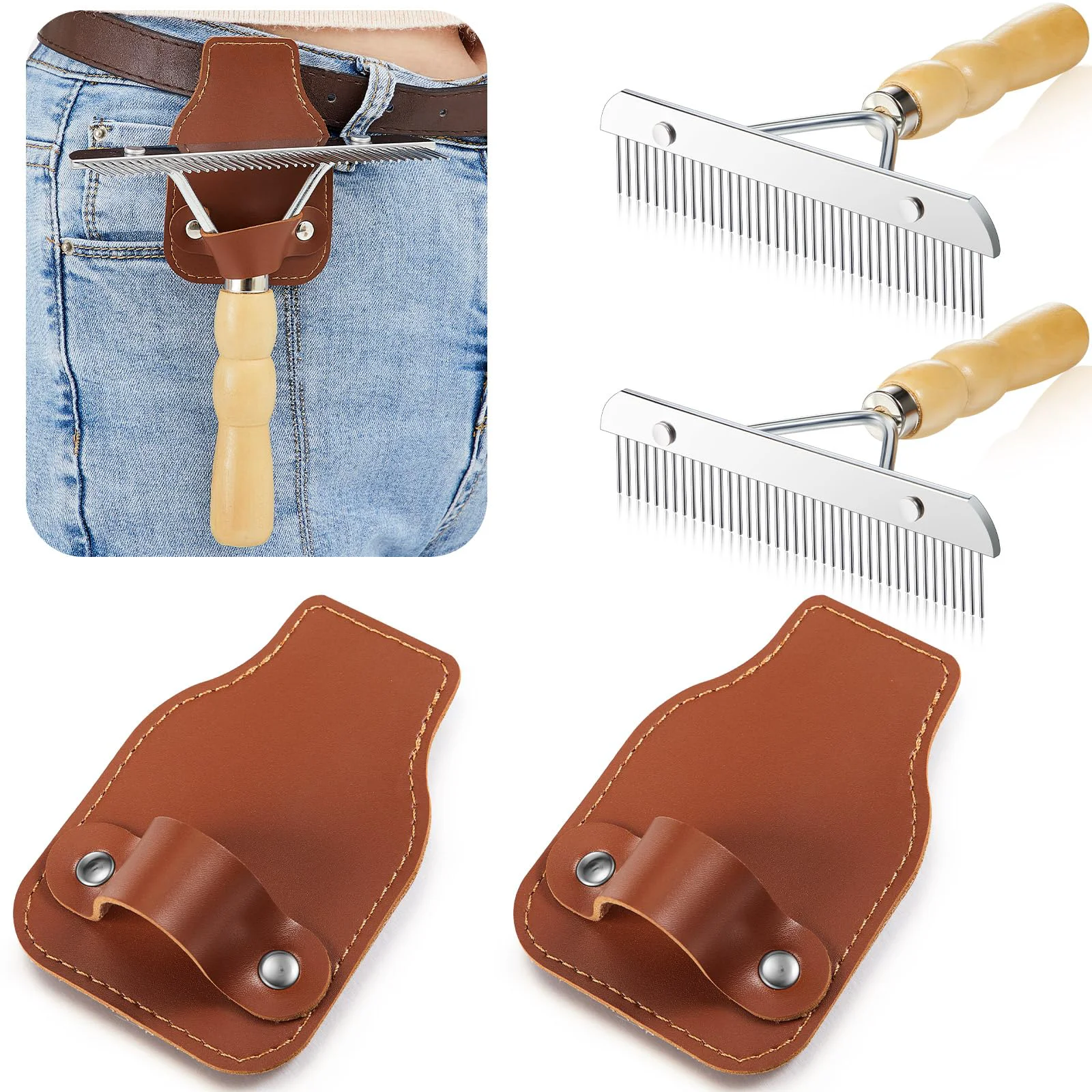 Refined Blulu 2 Set Leather Show Comb Holder Mini Fluffer – Livestock Grooming Kit Green