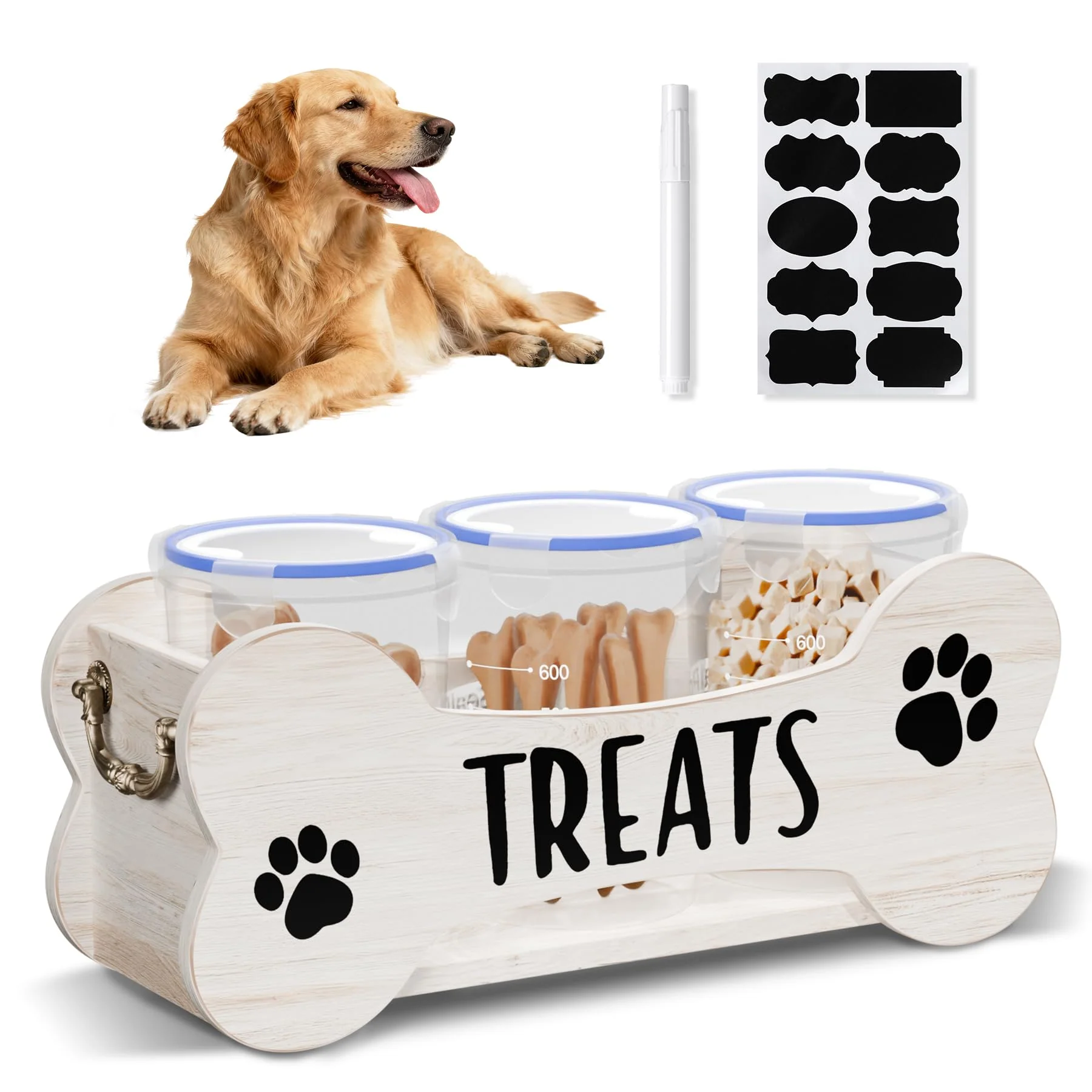 Natural WGFKVAS Dog Treat Storage Containers – 3 Jars Airtight White Wooden Dispenser Modern