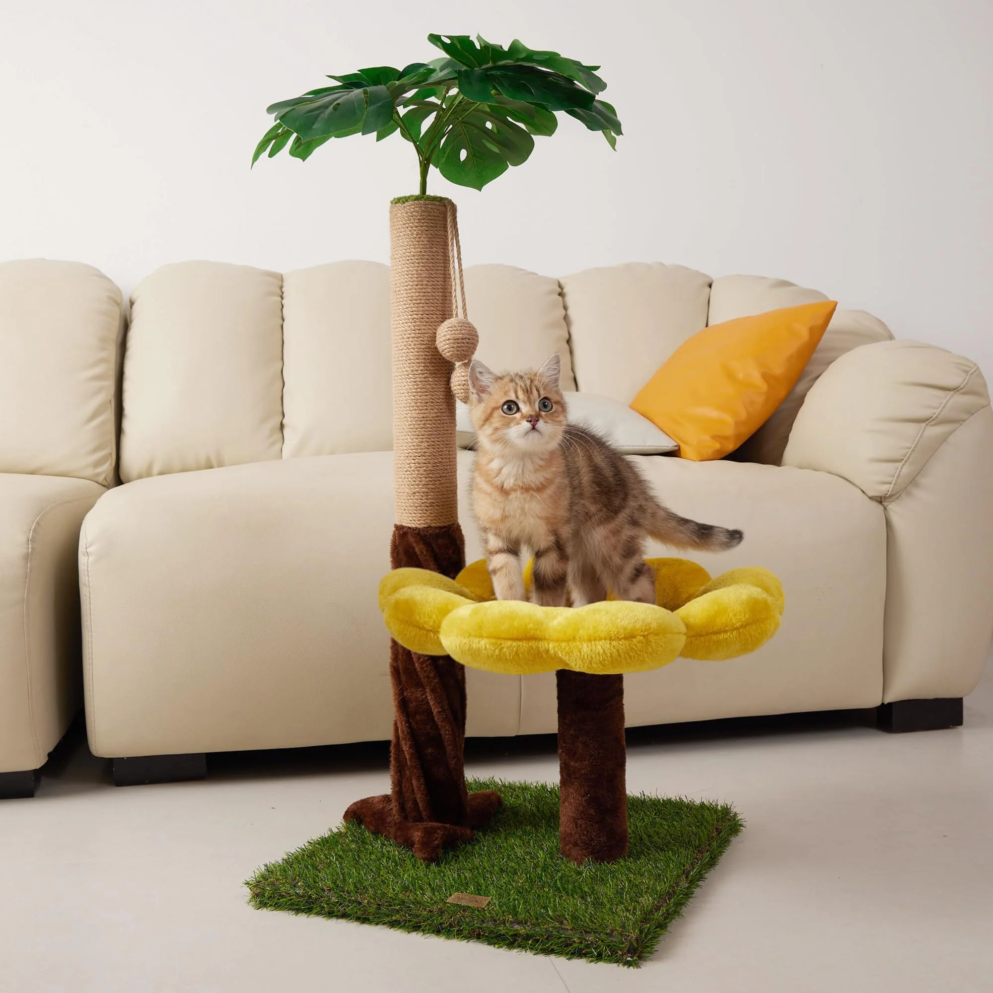 Pure Suudroeen 33.86-Inch Tall Cat Scratching Post – Premium Sisal Sunflower Platform Contemporary