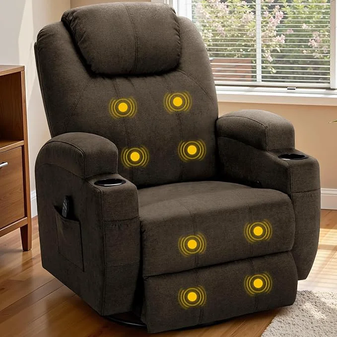 High-Performance Recliner Chair 360° Swivel Rocker Chair for Adults Rocking Recliner Chair with Massage Comfy Single Sofa with Side Pockets Cup Holders for Living Room Bedroom Nursery Fabric Brown About ThisOverview Consistent
