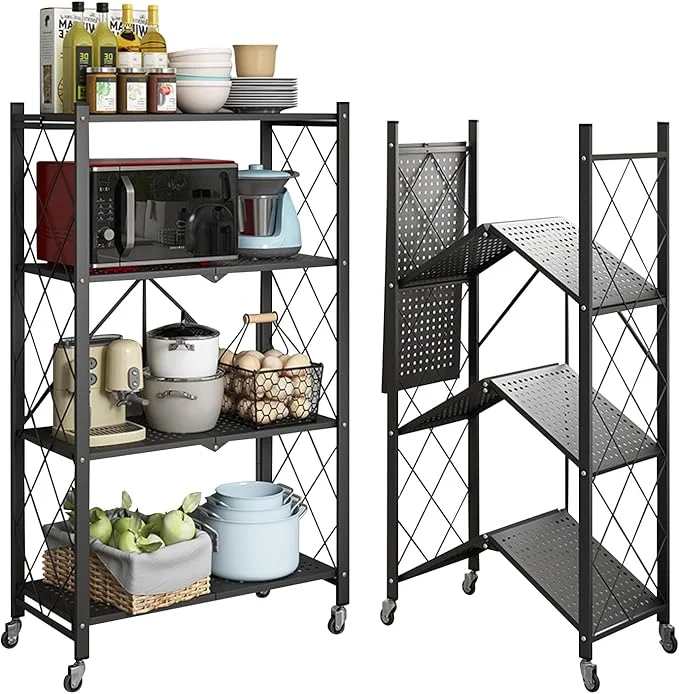Effective Folding Shelf Foldable Shelves with Wheels – Folding Shelves No Assembly Collapsible Shelf Unit Display Kitchen Organizers and Storage Pop Up Heavy Duty Rack 4-Tier Black 28 D x 14 W x 49 HAbout ThisOverview Authentic