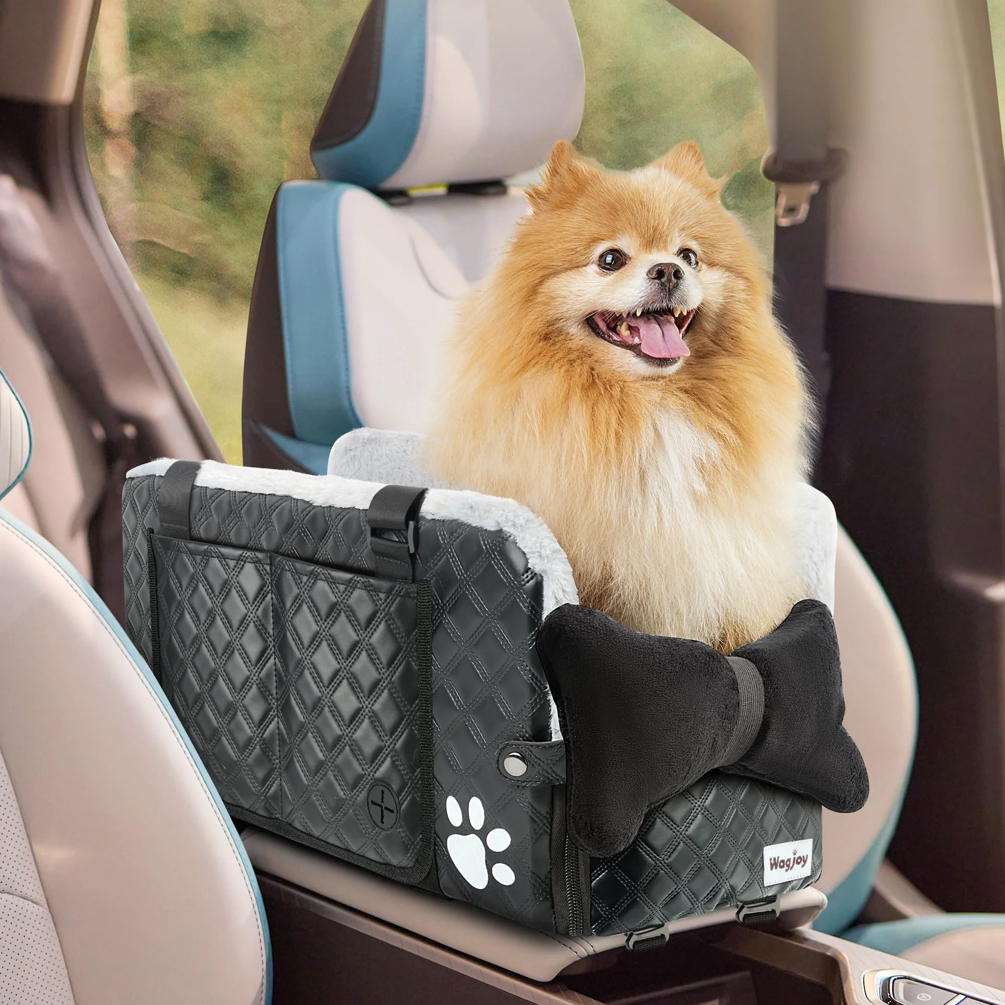 Superior Wagjoy Center Console Dog Car Seat for Small Dogs – Plush Leather Booster with Heat Pad Solid
