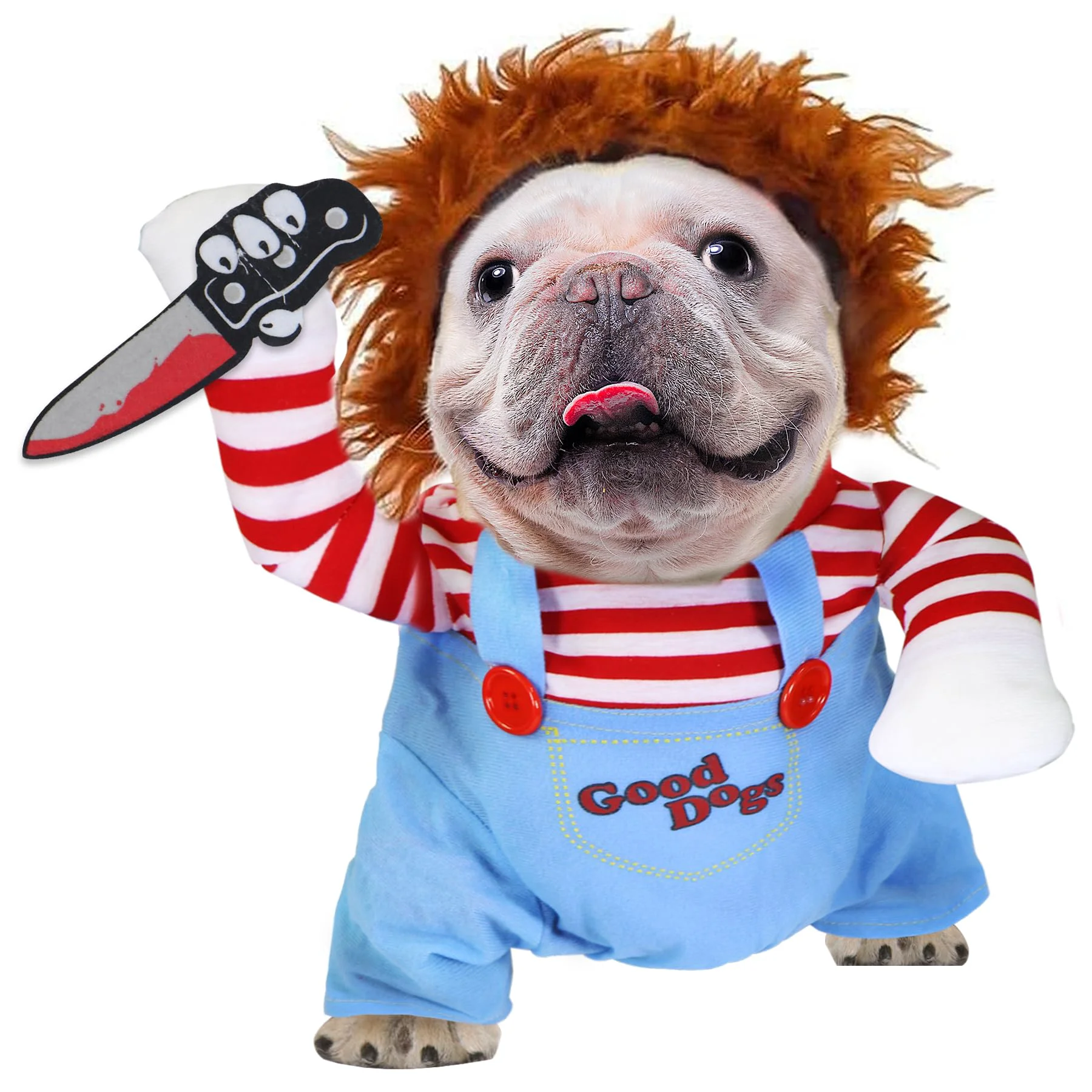 Advanced GOYOSWA Dog Halloween Costume – Deadly Doll Outfit for Medium Dogs Wig Knife Prop Trendy