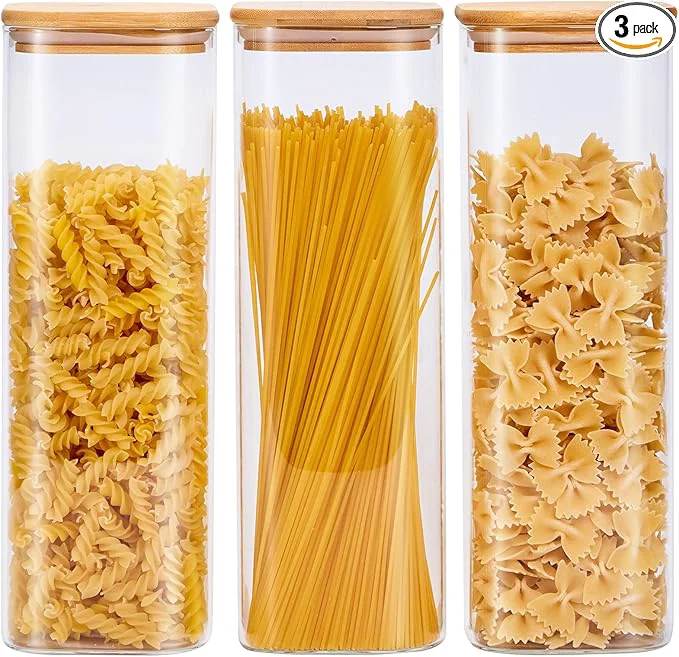 Environmentally Friendly Square Glass Food Storage Jars with Lids Set of 3 for Pasta Cookies Nuts Coffee Ce Flour Organize Your Kitchen and Pantry with these BPA- Glass Jars with CanistersAbout ThisOverview Eco-Friendly