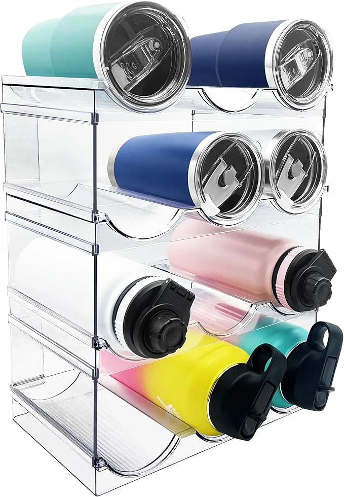 Advanced 4 Pack Water Bottle Organizer Stackable Kitchen Pantry Organization and Storage Shelf Plastic Bottle Holder for Fridge Kitchen Cabinet Organizer and Storage Tumbler Mug Cup OrganizerAbout ThisOverview Clean