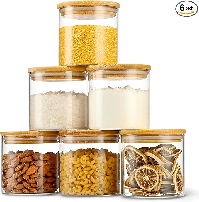 World-Class 22oz Straight cylindrical Airtight Storage Jars with Bamboo Lid Set of 6 Storage Container Stackable Spice Jar Kitchen Canister for Sugar Tea Cookies and Coffee beans with Black Lable About ThisOverview Artisan